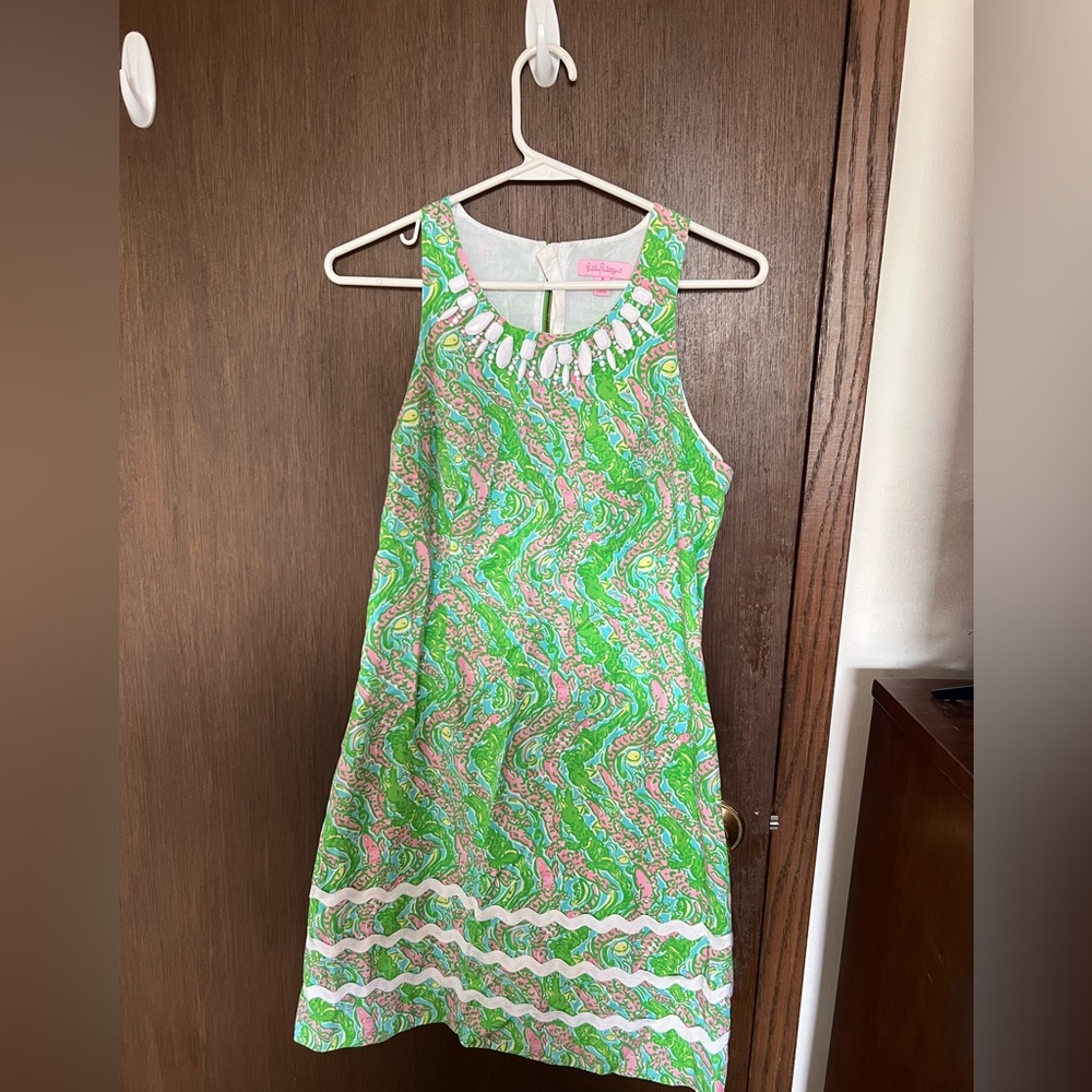 Lilly Pulitzer Green Multicolor Printed Sleeveless Dress with Beaded Neckline